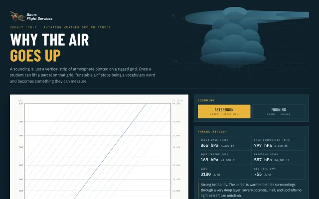Skew-T diagram with a thunderstorm illustration